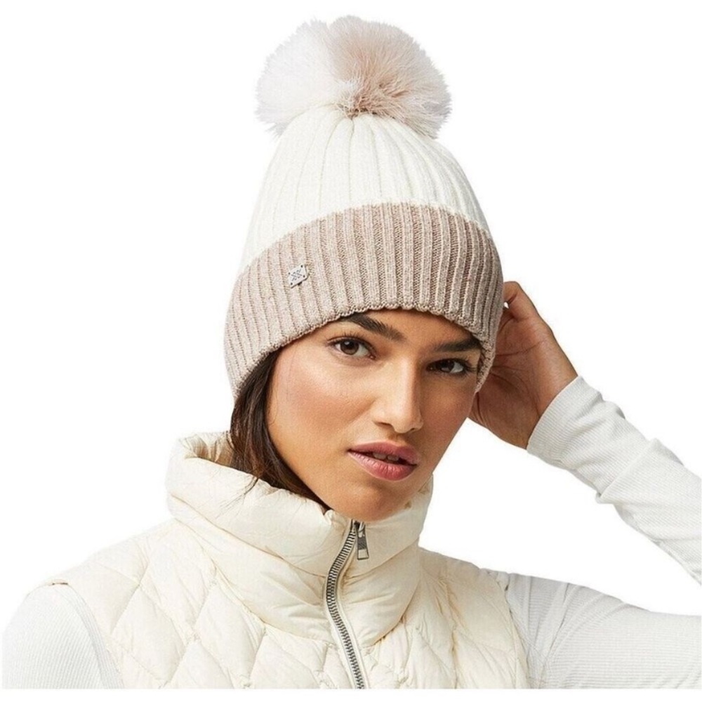 SOIA & KYO Ciel Rib-knit Beanie Hat- Detachable Feather Pom Pom - Ivory / tan